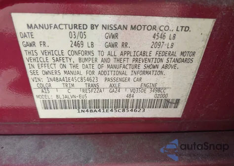 2005 Nissan Maxima 3.5 Se from USA, damaged, VIN 1N4BA41E45C854623